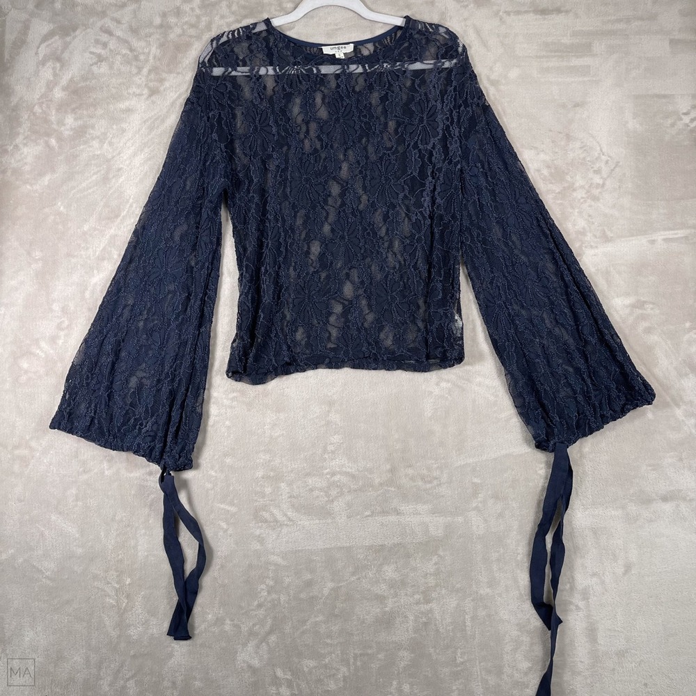 Umgee  Women's Blouse Top Lace Whimsigoth Witchy Puff Sleeve  S Blue